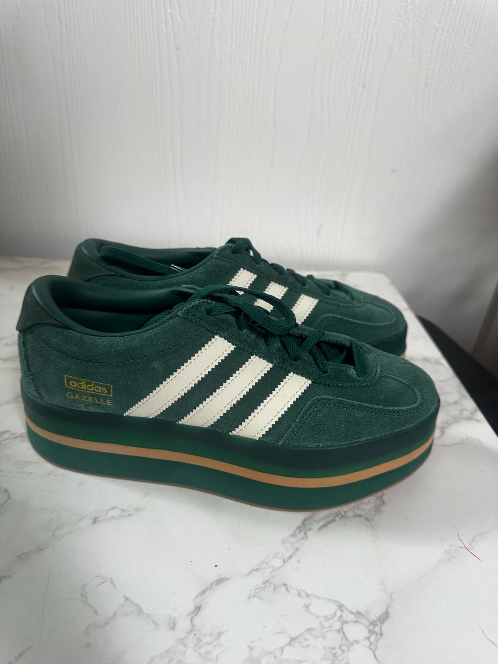 adidas Gazelle Platform Sneaker in Dark Green with White Stripes